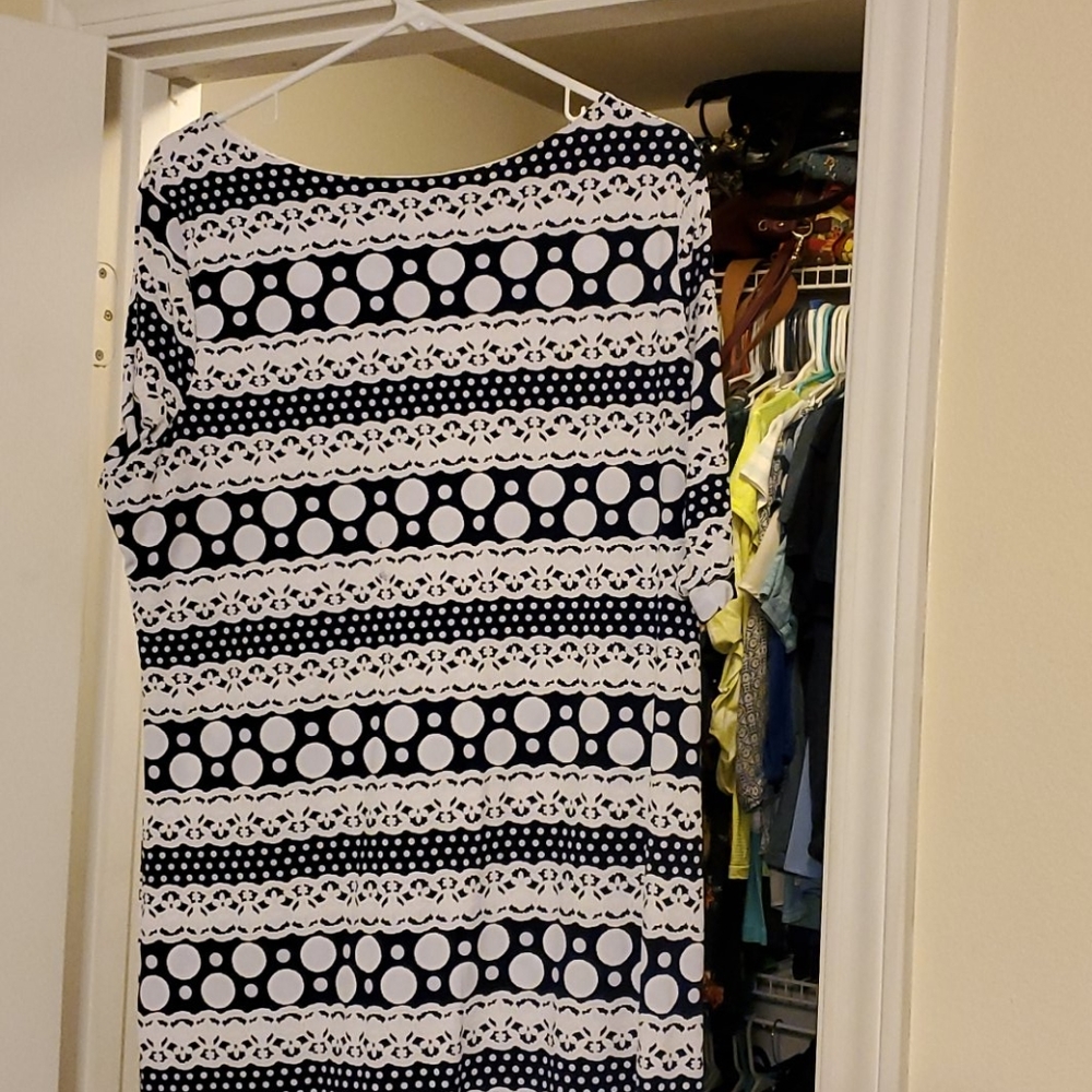 Navy and white sheath dress